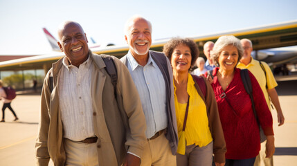 A group of seniors boarding a plane, excited to start their vacation. Elderly people live a healthy...