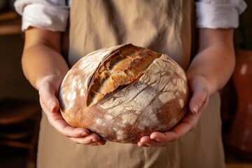 Baker holding freshly baked round bread in his hands, hand view. Advertising or banner for bakery.generative ai
