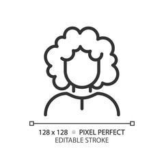 2D pixel perfect customizable woman with curly hair black icon, isolated vector, haircare thin line simple illustration.
