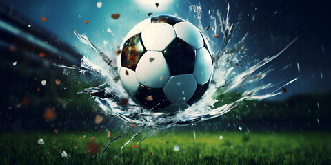 Moving soccer ball around splash drops on the stadium