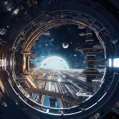 Fototapeta na wymiar A large circular space station in space