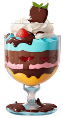 Sweet and cold chocolate parfait. A glass cup filled with a dessert. Cartoon icon .