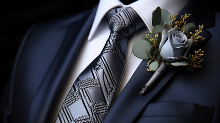 Elegant men's wedding suit with boutonniere on lapel and matching tie - obrazy, fototapety, plakaty