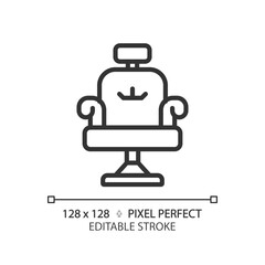 2D pixel perfect customizable salon chair black icon, isolated vector, haircare thin line simple illustration.