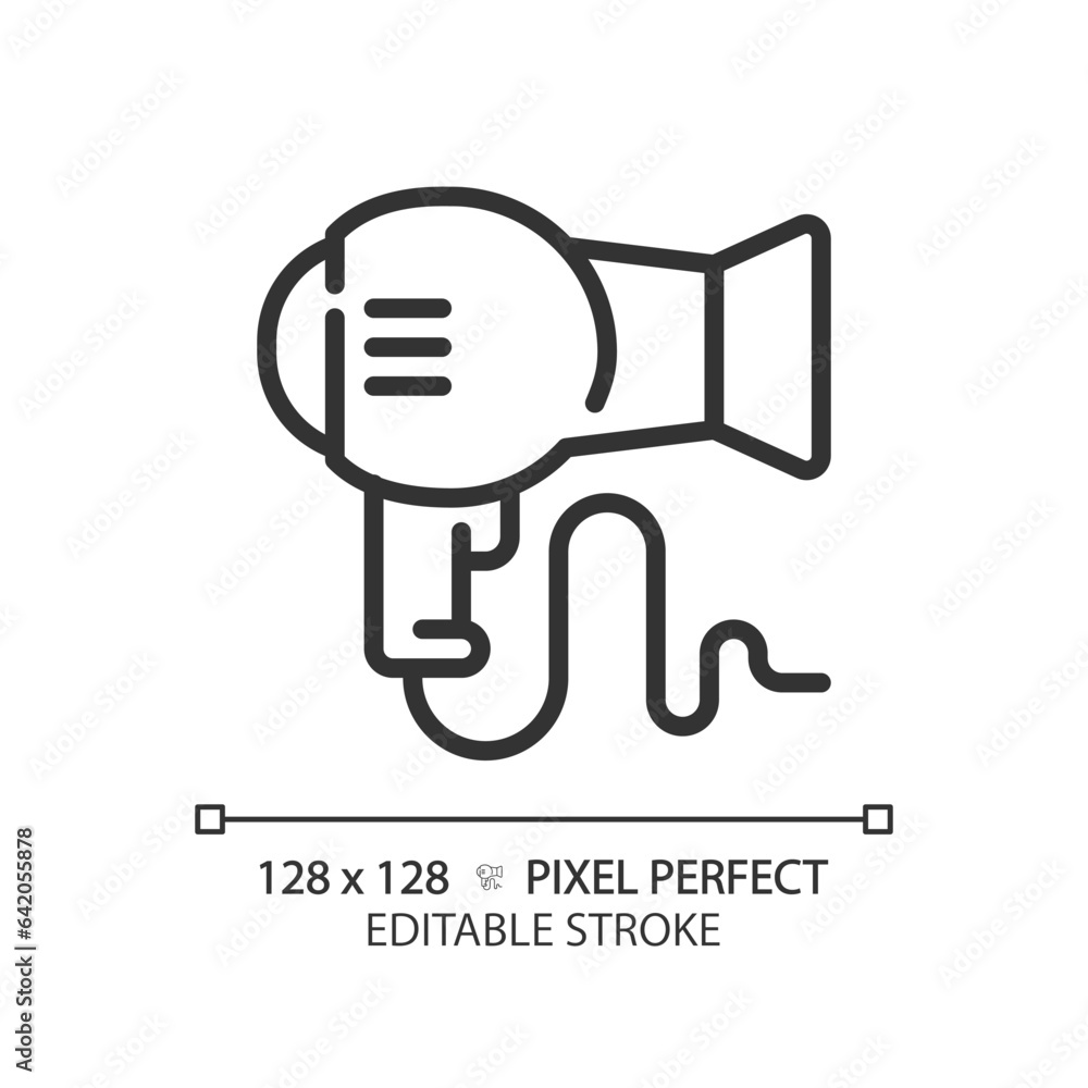 Sticker 2D pixel perfect customizable hair dryer black icon, isolated vector, haircare thin line simple illustration.