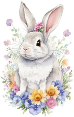 Naklejka na ściany i meble Rabbit with flowers Watercolor art