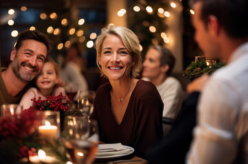 A photo of attractive female on Christmas diner with family - obrazy, fototapety, plakaty