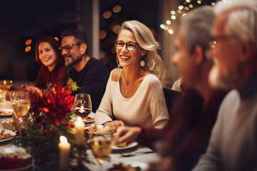 A photo of attractive female on Christmas diner with family