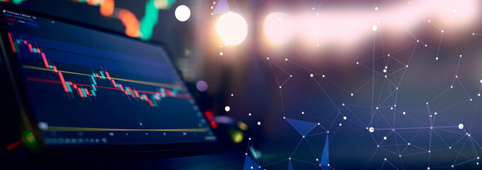 Technical price graph and indicator, red and green candlestick chart on blue theme screen, market...