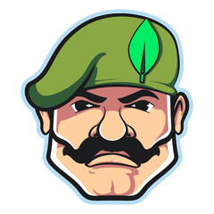 Vector mascot, cartoon and illustration of a hefty mustachioed soldier in a green beret with a serious face