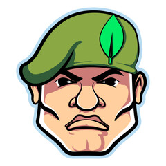 Vector mascot, cartoon and illustration of a hefty soldier head in a green beret with a serious face