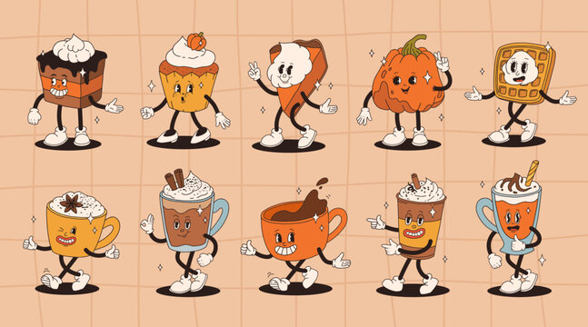 Funny Retro cartoon Pumpkin Character in groovy 50s, 60s, 70s Vintage Style. Happy Autumn mascot with pumpkin spice latte, pumpkin pie, pudding, cake, cupcake, waffles, donut and coffee.