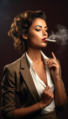 Obraz premium Tough and sexy business woman smoking a cigarette wearing a suit, unhealthy lifestyle
