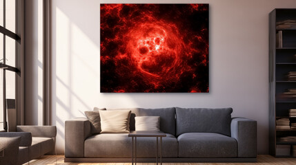Modern living room sofa with a canvas image of the sun's radiating energy in the cosmos. 