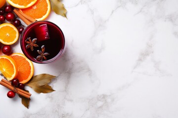 Beautiful half empty background with mulled wine in a glass and orange, cinnamon and cloves with space for text, logos or inscriptions.generative ai
