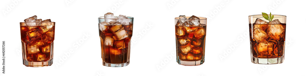 Sticker short black glass with cola and ice transparent background