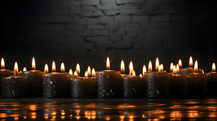 Black candles lit on a dark background. Concept of mourning and spirituality. All Saints Day. Copy space. Generative ai