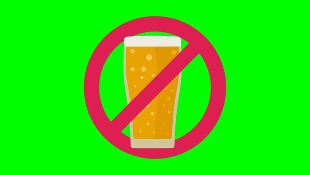 Animation of appearing and disappearing ban of beer glass on blue background, green background, transparency and white background in flat design style