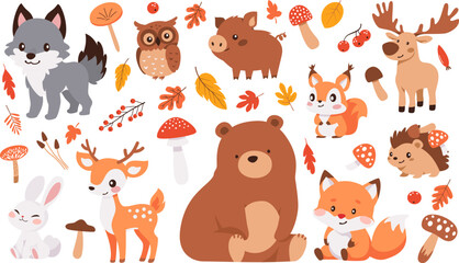 Collection of flat vector illustrations on white background. Autumn illustration, forest animals, mushrooms leaves. Bear deer hare wolf owl squirrel fox elk hedgehog wild boar. Vector illustration