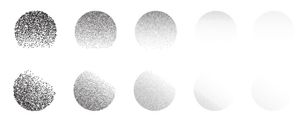 Circles noise texture dotwork grain. Pointillism gradient pattern. Radial stochastic grange texture. Dotwork stipple halftone effect for tattoo. Dotted sphere, stipple element. Vector background