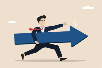 Moving forward for a successful future, business direction goal, career path or road to success, confident smart entrepreneur walking with arrow direction. Successful businessman illustration.
