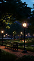 ライトアップされた夜の公園とベンチ