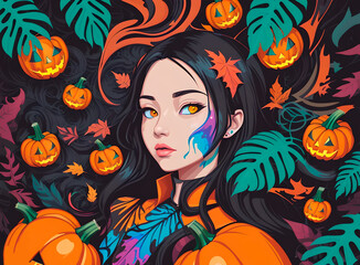 Illustration on the theme of Halloween with a portrait of a girl
