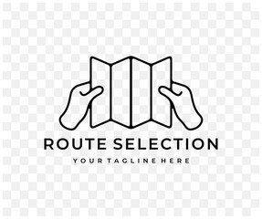 Hands holding a paper map, route selection, linear graphic design. Travel, traveling, journey, camping and tourism, vector design and illustration