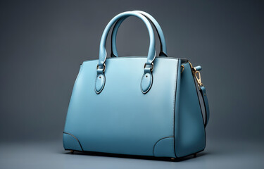 Beautiful trendy smooth youth women's handbag in gentle blue color on a light blue studio background