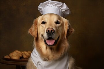 Funny Golden retriever dog in chef's hat and apron on dark background, ai generative