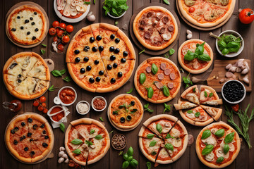 Gourmet pizza selection. Different types of pizzas on a wooden background. Italian cuisine. Variety of pizzas on a wooden board. AI generated