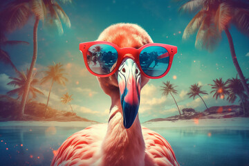summer flamingo bird feather tropical pink sunglasses party animal hipster. Generative AI. - obrazy, fototapety, plakaty