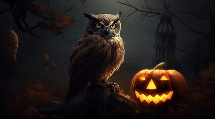 Fototapeta premium Owl with a pumpkin for Halloween, created with Generative AI technology.