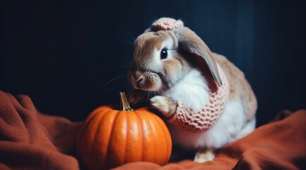 Rabbit with a pumpkin for Halloween, created with Generative AI technology.