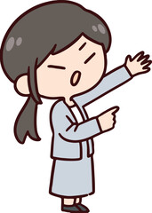 案内をするしかめっ面の女性