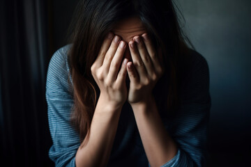 Photo woman in depression covers her face with her hands