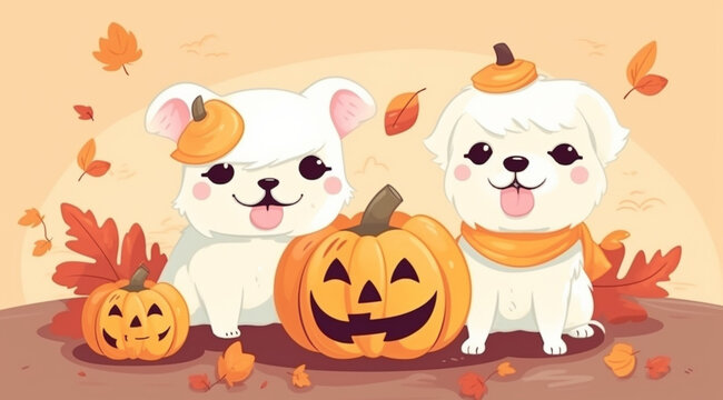 Kittens with pumpkins for Halloween, created with Generative AI technology.