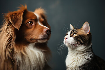 Fototapeta premium Portrait dog and cat looking side Isolated on blue pastel