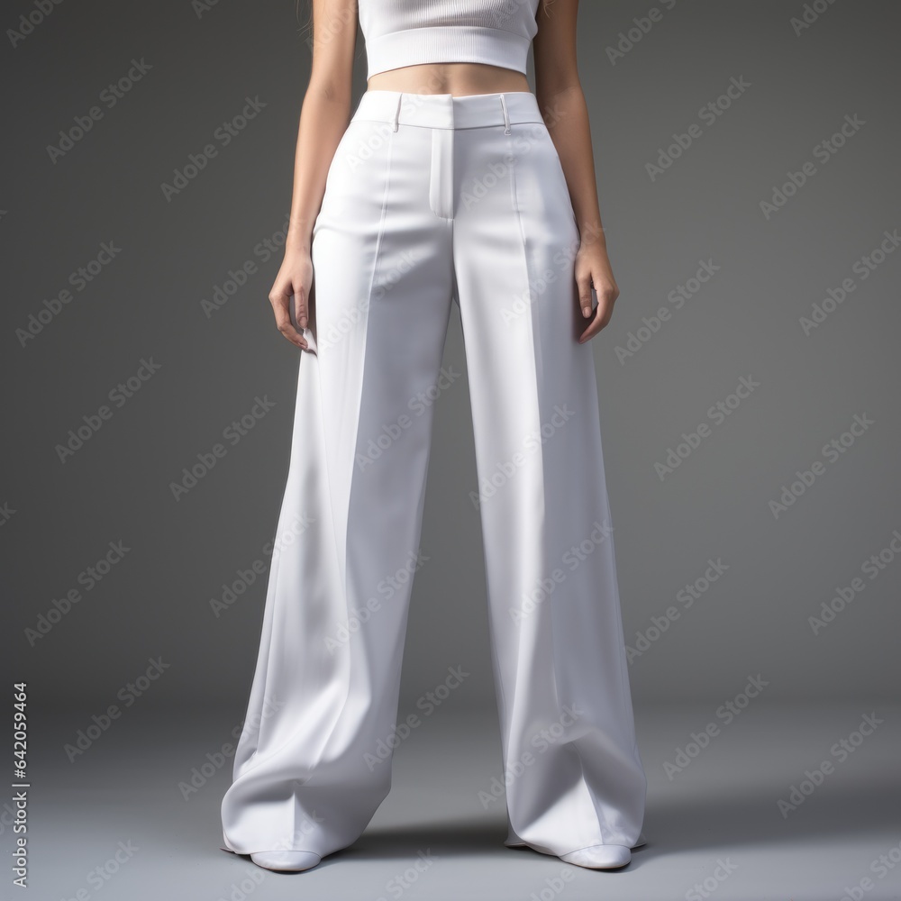 Poster wide white pants mockup on unrecognizable female model , AI Generated