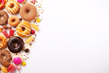 Assorted donuts and candies, white background with copy space