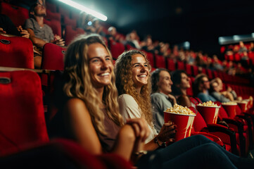 A photo of two girl friends in the cinema - obrazy, fototapety, plakaty