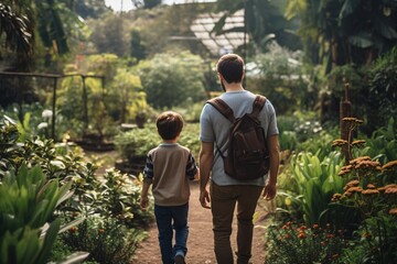 A man and a boy walking in botanical garden