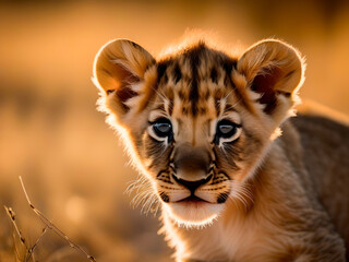 Portrait of a lion cub in the wild at sunrise