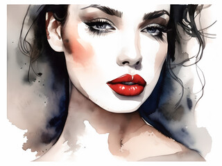 Portrait of a beautiful girl model with red lips, watercolor style