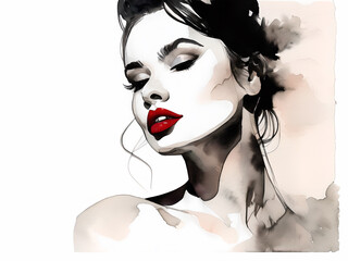 Watercolor illustration, portrait of a girl, model with red lips