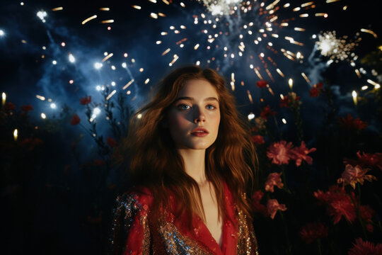 filmic cinematic editorial portrait of young woman under night sky to watch the sky full of fireworks on new years eve/4th of July/party/celebration solitude/loneliness 