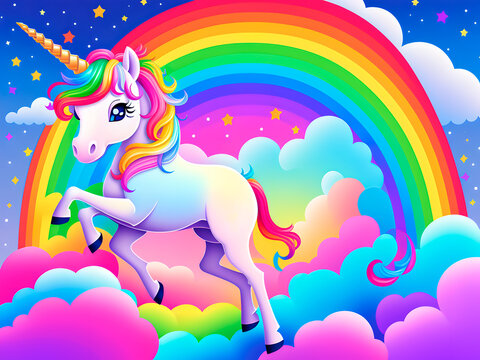 Illustration of a rainbow unicorn in colored clouds