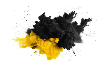 Abstract yellow and black color holi paint splashes and motion of yellow and black powder festival explosion, yellow and black dust exploding isolated on white background.