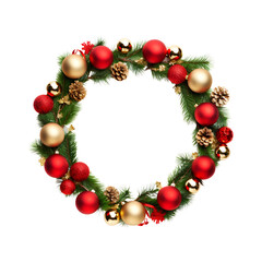 Fototapeta na wymiar festive circle tree wreath decorations with red golden and green baubles holiday ornaments isolated on white background.