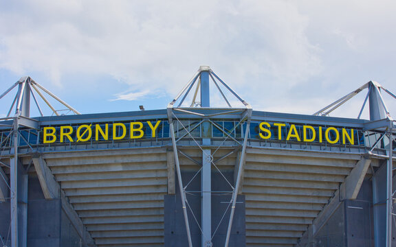 Denmark, Br&oslash;ndbyvester - July 04, 2023: Large letters at height indicate that this is the Br&oslash;ndby Stadium. 